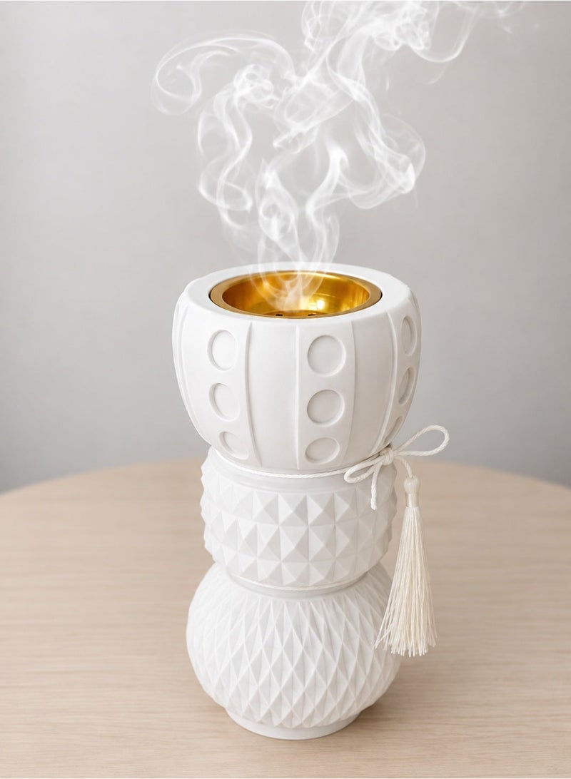 Modern Matte Geometric Incense Burner – Triple-Tiered Textured Oud Bakhoor Holder with Decorative Tassel - Image 2