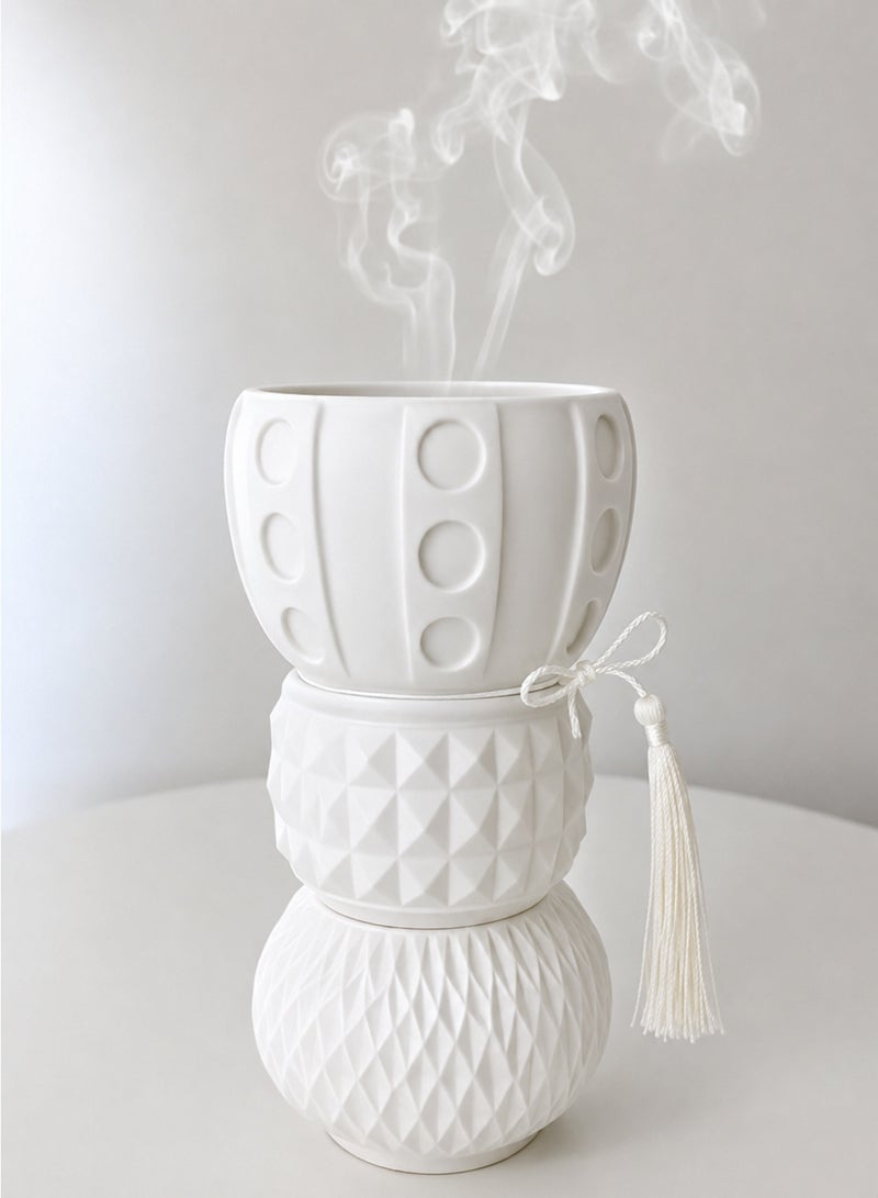 Modern Matte Geometric Incense Burner – Triple-Tiered Textured Oud Bakhoor Holder with Decorative Tassel - Image 3