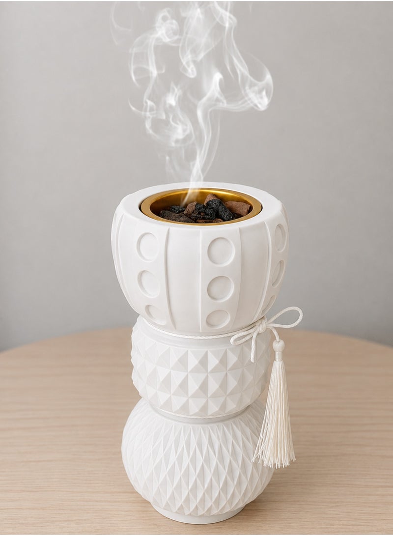 Modern Matte Geometric Incense Burner – Triple-Tiered Textured Oud Bakhoor Holder with Decorative Tassel - Image 1