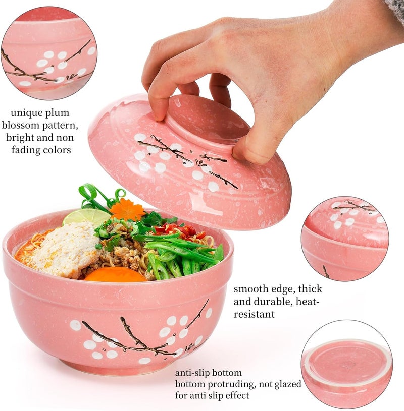 Goaste 2 Pack Ceramic Ramen Noodle Bowl 27 OZ Big Ramen Bowl with Lid Japanese HandPainted Ceramic Tableware Durable Floral Soup Bowl for Noodles Porridge Rice Dishwasher SafePink Cyan Blue - Image 4