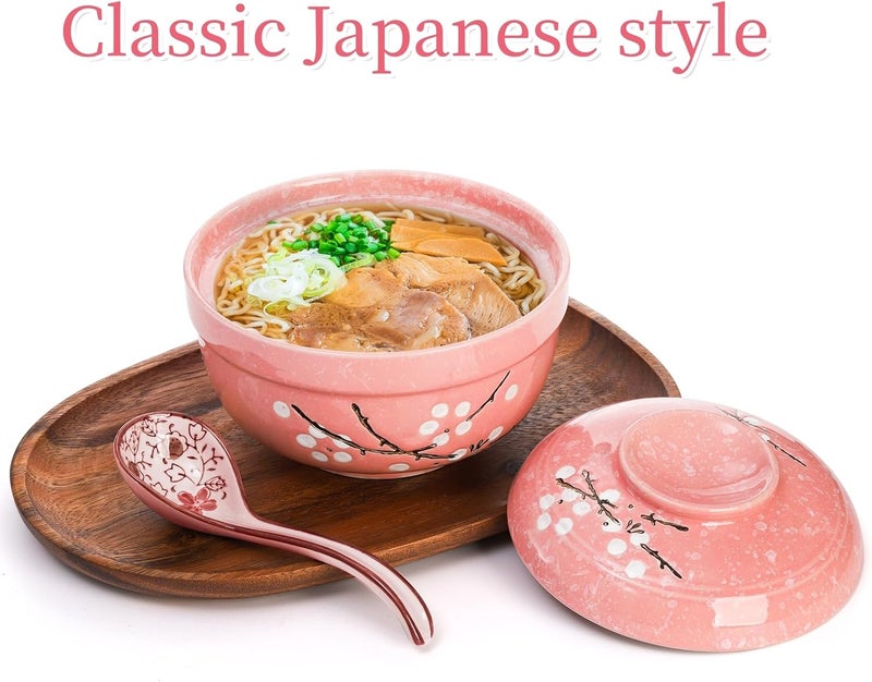 Goaste 2 Pack Ceramic Ramen Noodle Bowl 27 OZ Big Ramen Bowl with Lid Japanese HandPainted Ceramic Tableware Durable Floral Soup Bowl for Noodles Porridge Rice Dishwasher SafePink Cyan Blue - Image 5