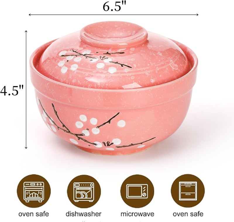 Goaste 2 Pack Ceramic Ramen Noodle Bowl 27 OZ Big Ramen Bowl with Lid Japanese HandPainted Ceramic Tableware Durable Floral Soup Bowl for Noodles Porridge Rice Dishwasher SafePink Cyan Blue - Image 2
