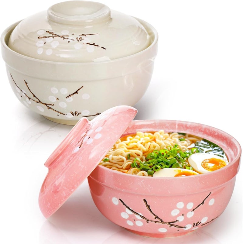 Goaste 2 Pack Ceramic Ramen Noodle Bowl 27 OZ Big Ramen Bowl with Lid Japanese HandPainted Ceramic Tableware Durable Floral Soup Bowl for Noodles Porridge Rice Dishwasher SafePink Cyan Blue - Image 1