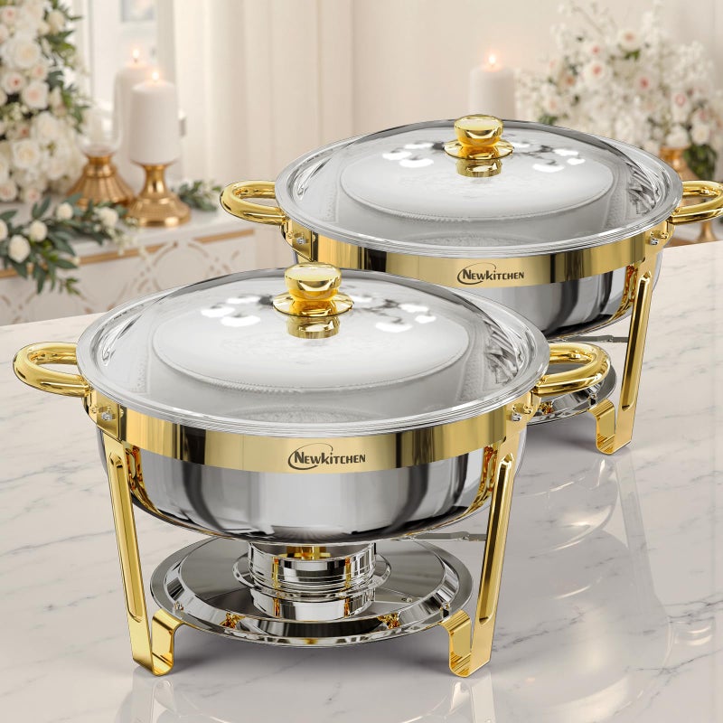 NEWKITCHEN Chafing Dishes for Buffet 2 Pack, 6QT Round Chafing Dishes for Buffet [Elegant Gold] Stainless Steel Chafing Dish Buffet Set for Any Party - Image 1