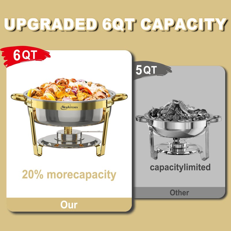 NEWKITCHEN Chafing Dishes for Buffet 2 Pack, 6QT Round Chafing Dishes for Buffet [Elegant Gold] Stainless Steel Chafing Dish Buffet Set for Any Party - Image 2