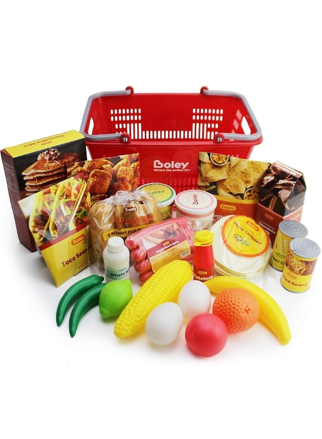 BOLEY Boley Shopping Basket Toy - Pretend Grocery Shopping Play Set with 24 Realistic Play Food Items - Fruits, Vegetables, Drinks, Meats - Educational and Durable - for Kids and Toddlers Ages 3 and Up - Image 1