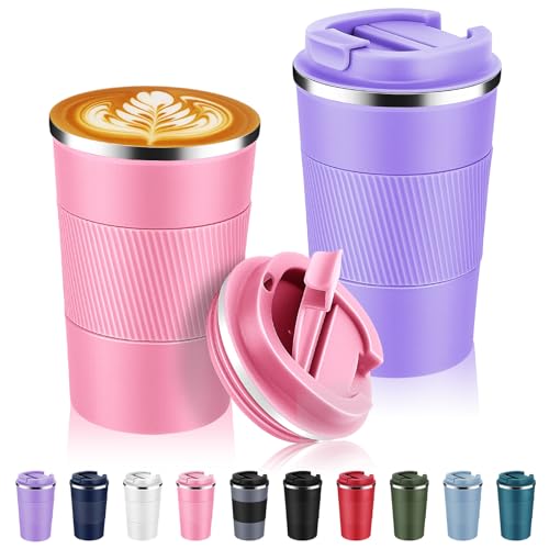 Volhoply 13 oz Stainless Steel Insulated Travel Coffee Mug with Fip Lid Bulk 2 Pack,Reusable Double Wall Vacuum Metal Coffee Cup,Portable Leak Proof Thermal Tumbler for Hot & Cold Drinks(Mix,2) - Image 1