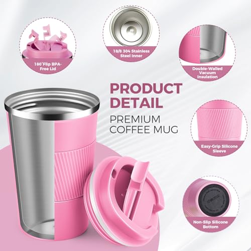 Volhoply 13 oz Stainless Steel Insulated Travel Coffee Mug with Fip Lid Bulk 2 Pack,Reusable Double Wall Vacuum Metal Coffee Cup,Portable Leak Proof Thermal Tumbler for Hot & Cold Drinks(Mix,2) - Image 3