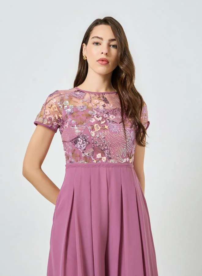 Styli Pink Sequin Bodice Wide Leg Jumpsuit