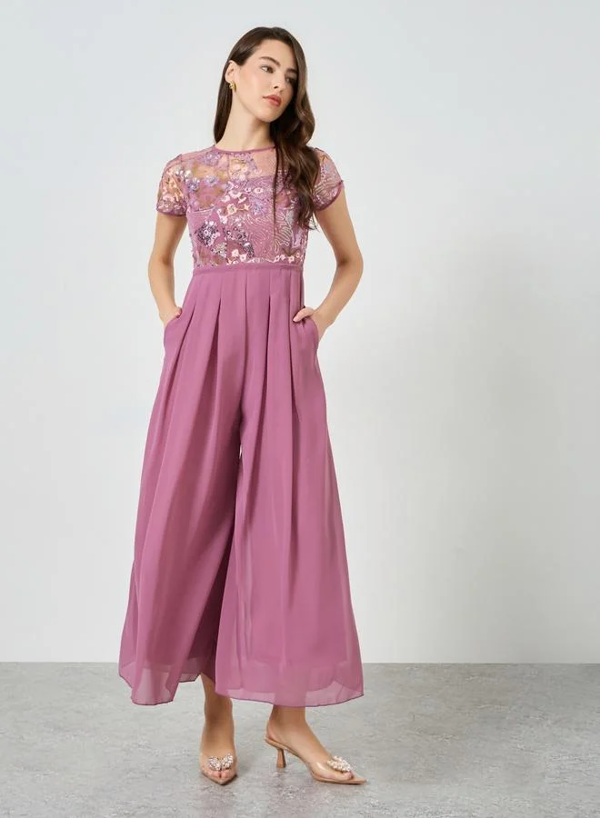 Styli  Pink Sequin Bodice Wide Leg Jumpsuit for Women | Best Price UAE