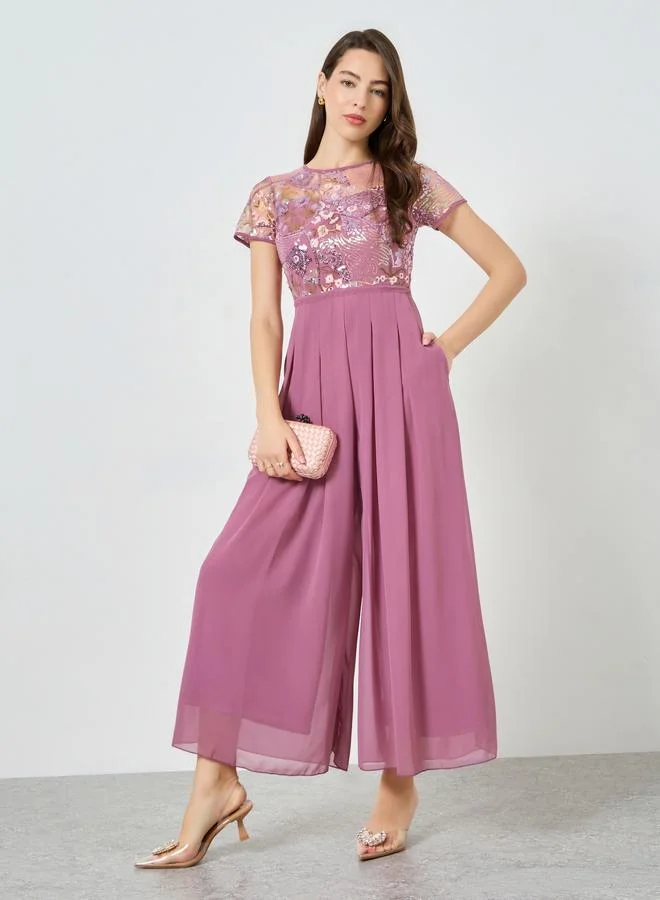 Styli Pink Sequin Bodice Wide Leg Jumpsuit