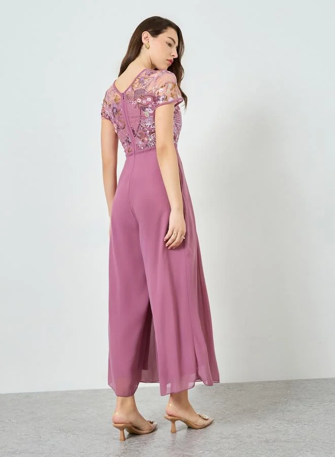 Styli  Pink Sequin Bodice Wide Leg Jumpsuit for Women | Best Price UAE
