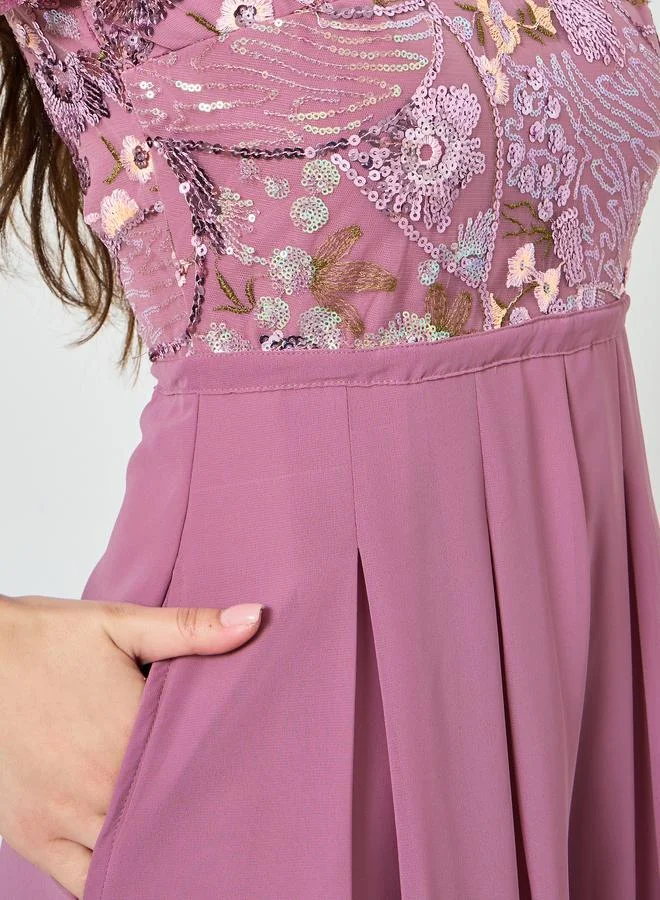 Styli  Pink Sequin Bodice Wide Leg Jumpsuit for Women | Best Price UAE