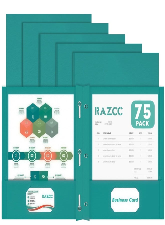 RAZCC Two Pocket Folders, RAZCC 75 Pack Two Pocket Folders with Prongs, 3 Prong Folders Fit Letter Size Paper, Pocket File Folders for School Office Home Business, Turquoise - Image 1