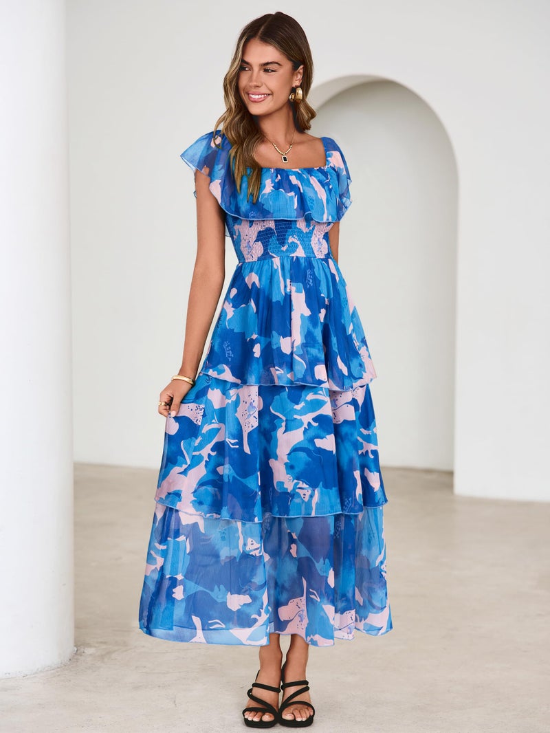 Simplee Womens Floral Wedding Guest Dress Spring Summer 2026 Chiffon Boho Off Shoulder Smocked Tiered Flowy Maxi Dresses(Blue-1 M) - Image 4