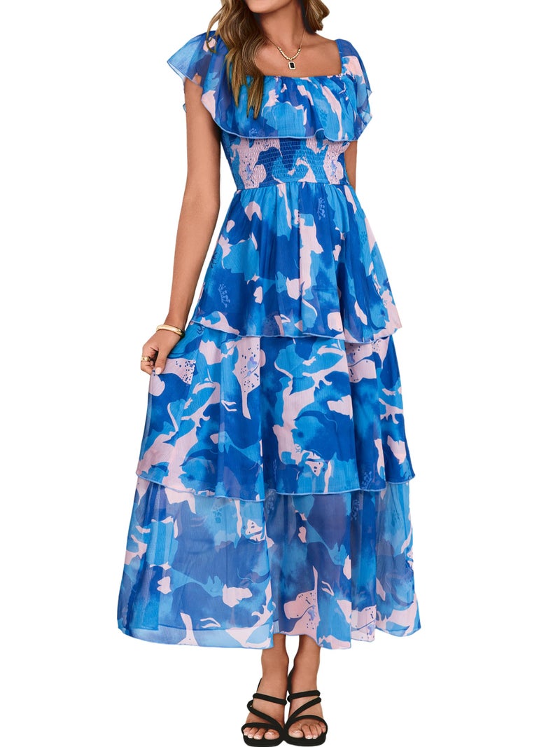 Simplee Womens Floral Wedding Guest Dress Spring Summer 2026 Chiffon Boho Off Shoulder Smocked Tiered Flowy Maxi Dresses(Blue-1 M) - Image 1