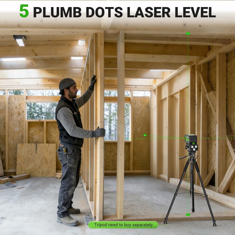 HUEPAR 5 Point Self Leveling Laser Alignment Tool with Plus Mode (98-165Ft), Laser Plumb Dots Level with 360Â° Magnetic Base Includes 2 AAA Batteries & Hard Carrying Case - PL500G - Image 2