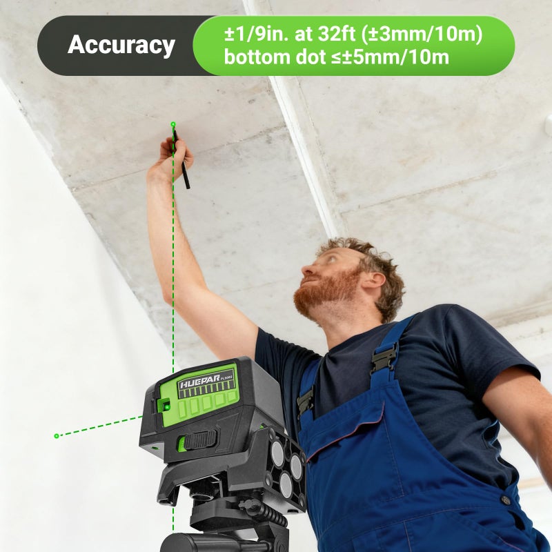 HUEPAR 5 Point Self Leveling Laser Alignment Tool with Plus Mode (98-165Ft), Laser Plumb Dots Level with 360Â° Magnetic Base Includes 2 AAA Batteries & Hard Carrying Case - PL500G - Image 3