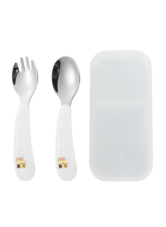 304 Stainless Steel Children's Cartoon Tableware Feeding Household Spoon Baby Food Supplement Tableware Spoon Fork Two-piece Set-Specifications:White Kitten Spoon Fork (including Portable Box And Color Box) - Image 1