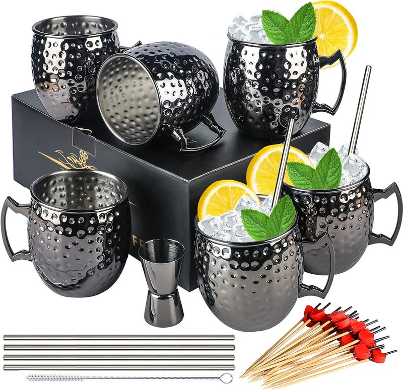 LINALL Moscow Mule Mugs- Set of 6 Gunmetal Black Plated 18oz Stainless Steel Mug Double Jigger Chilled Drink Cocktail Mug (6pcs) - Image 1