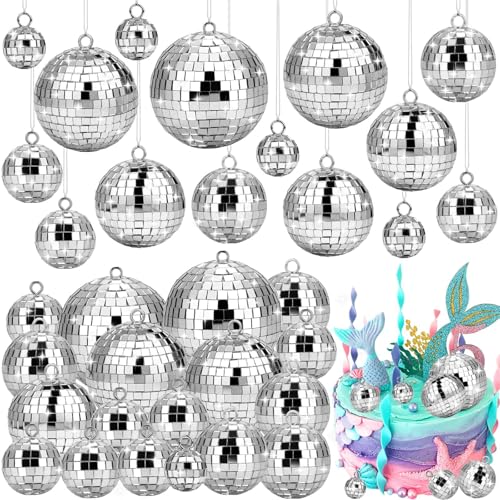 Flasoo 26 Pcs Disco Ball, 5 Sizes Disco Ball Ornaments Mini Mirror Silver Disco Balls Cake Topper Disco Themed Party Christmas Tree Ornaments Supplies (3.2inch, 2.4 Inch, 2 Inch, 1.6 Inch, 1.2 Inch) - Image 1