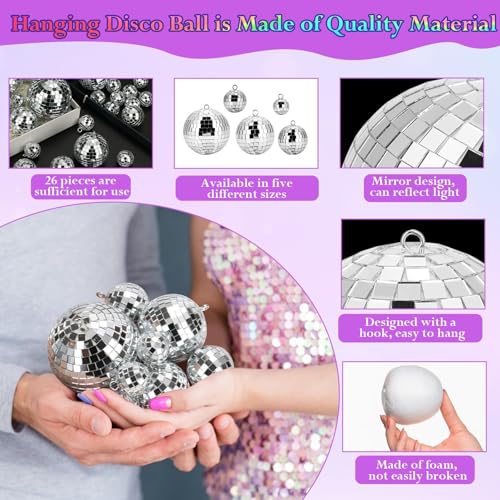Flasoo 26 Pcs Disco Ball, 5 Sizes Disco Ball Ornaments Mini Mirror Silver Disco Balls Cake Topper Disco Themed Party Christmas Tree Ornaments Supplies (3.2inch, 2.4 Inch, 2 Inch, 1.6 Inch, 1.2 Inch) - Image 5