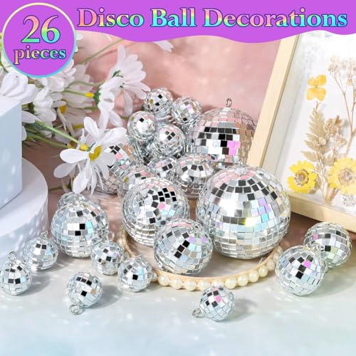 Flasoo 26 Pcs Disco Ball, 5 Sizes Disco Ball Ornaments Mini Mirror Silver Disco Balls Cake Topper Disco Themed Party Christmas Tree Ornaments Supplies (3.2inch, 2.4 Inch, 2 Inch, 1.6 Inch, 1.2 Inch) - Image 2