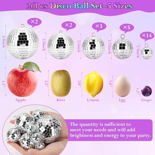 Flasoo 26 Pcs Disco Ball, 5 Sizes Disco Ball Ornaments Mini Mirror Silver Disco Balls Cake Topper Disco Themed Party Christmas Tree Ornaments Supplies (3.2inch, 2.4 Inch, 2 Inch, 1.6 Inch, 1.2 Inch) - Image 4