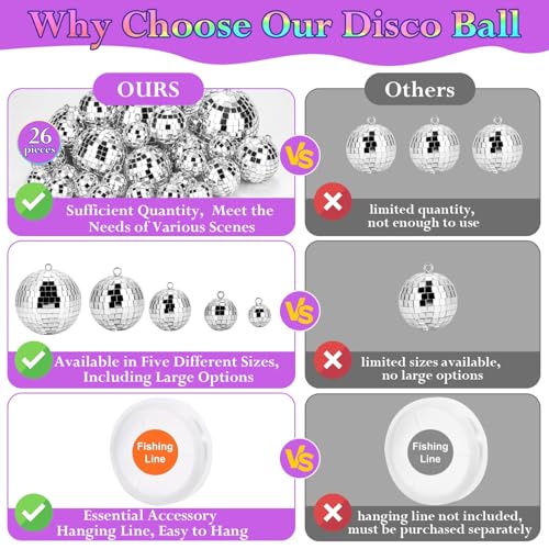 Flasoo 26 Pcs Disco Ball, 5 Sizes Disco Ball Ornaments Mini Mirror Silver Disco Balls Cake Topper Disco Themed Party Christmas Tree Ornaments Supplies (3.2inch, 2.4 Inch, 2 Inch, 1.6 Inch, 1.2 Inch) - Image 3
