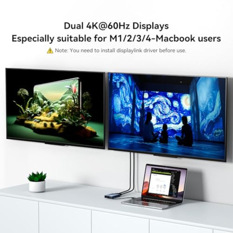 محول USB C إلى HDMI Dual DisplayLink للاستخدام المكتبي، سبائك الألومنيوم، أسود، دعم شاشة مزدوجة 4K@60 هرتز مع شحن PD 100 وات - Image 3