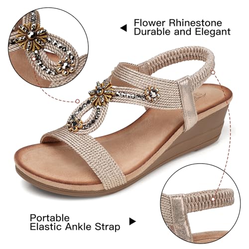 SHIBEVER Womens Wedge Sandals Flower Low Heel Dressy Sandals Elastic Ankle Strap Rhinestone Sandals Summer Comfortable Shoes Champagne Size 6 - Image 4