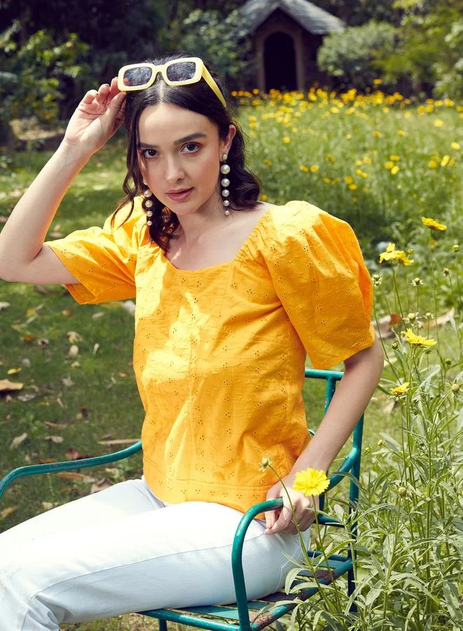 SASSAFRAS Women Mustard Schiffli Square Neck Smoked Top