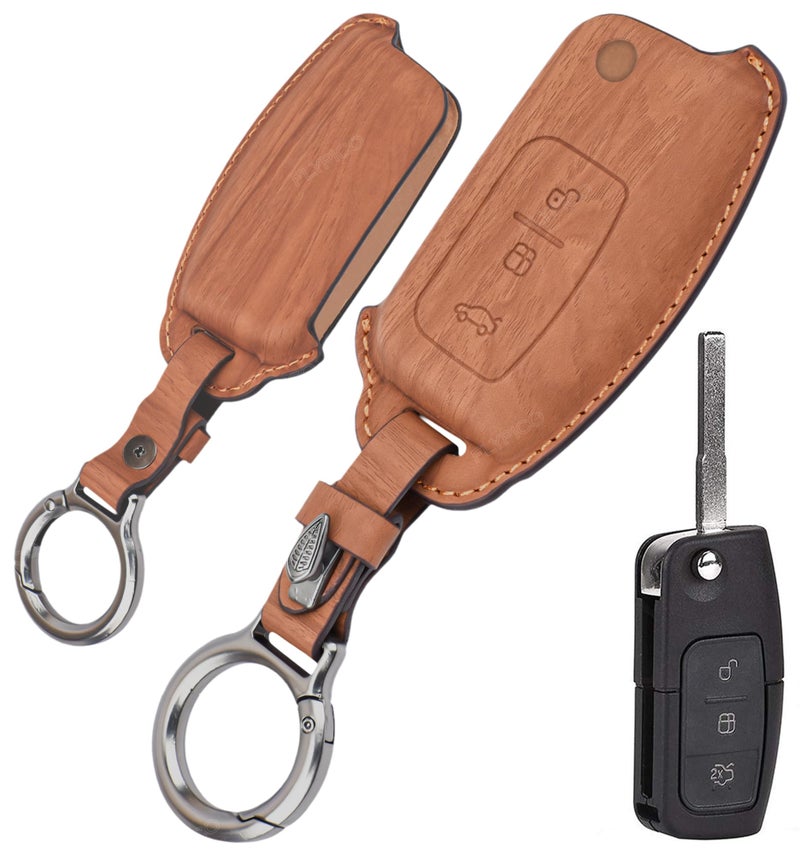 Coll of Fest Wooden PU Leather Key Cover Compatible with Ford Fiesta Figo Old Ecosport Flip Key 3 Button Smart Key Stylish Wooden Texture & Durable Premium PU Leather Protection - Image 1