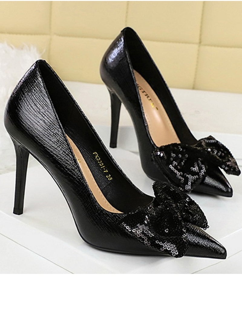 BIGTREE Women's Closed Pointed Toe Stiletto Pump Sequin Bowknot Decoration High Heels Black 10 CM  - Image 2
