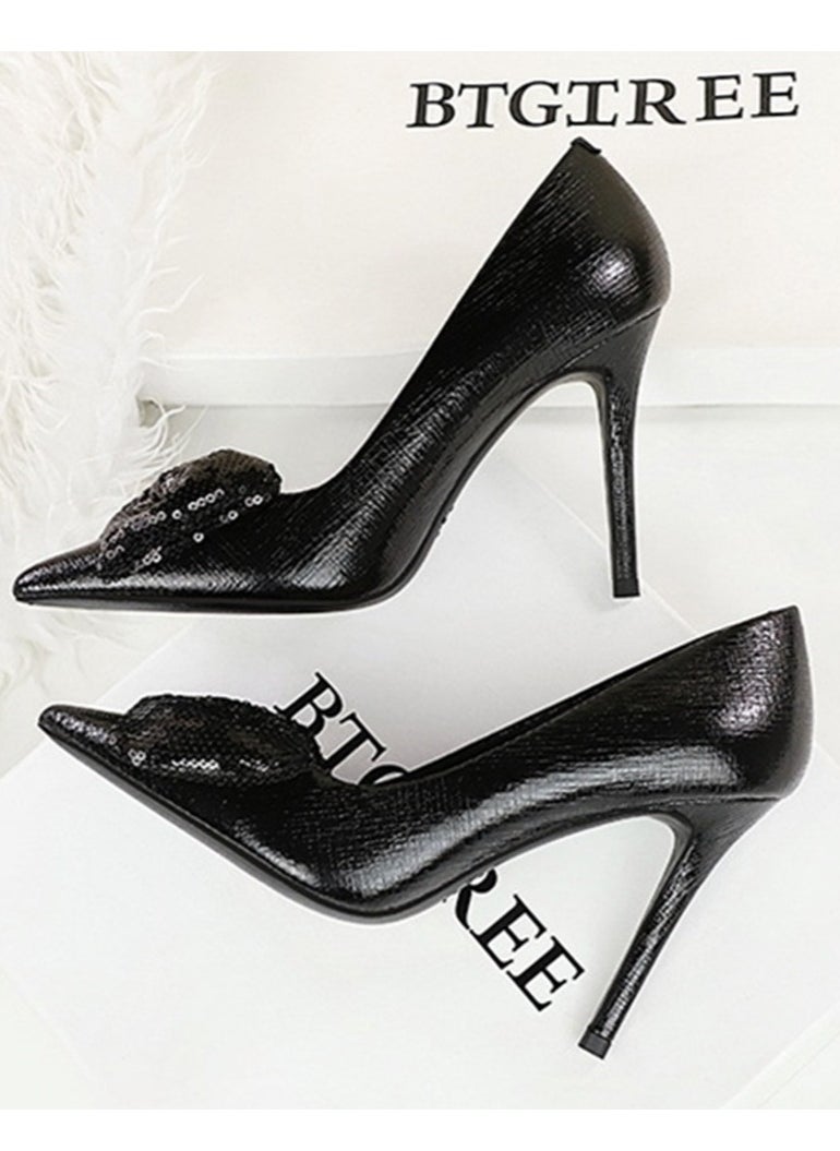 BIGTREE Women's Closed Pointed Toe Stiletto Pump Sequin Bowknot Decoration High Heels Black 10 CM  - Image 3