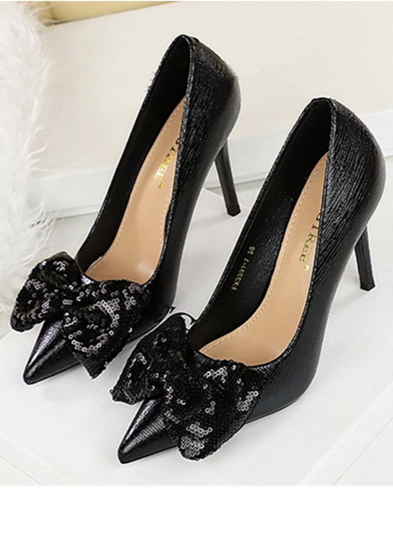 BIGTREE Women's Closed Pointed Toe Stiletto Pump Sequin Bowknot Decoration High Heels Black 10 CM  - Image 1