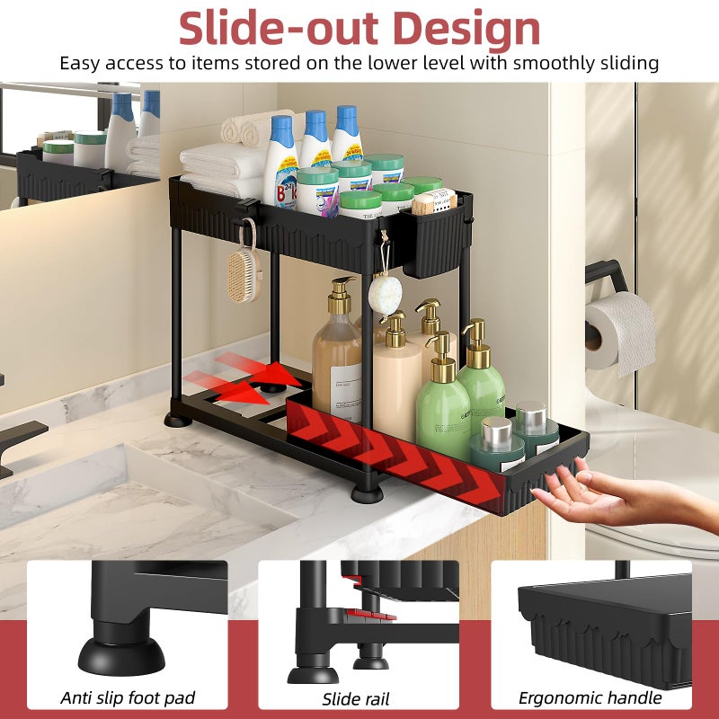 Sevenblue 4 Pack Under Sink Organizer, Bathroom Organizers and Storage, 2 Tier Multi-Use Pull Out Cabinet Organizer with Hang Hooks and Cups (Black, 4 Pack) - Image 2