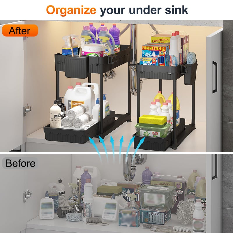 Sevenblue 4 Pack Under Sink Organizer, Bathroom Organizers and Storage, 2 Tier Multi-Use Pull Out Cabinet Organizer with Hang Hooks and Cups (Black, 4 Pack) - Image 3