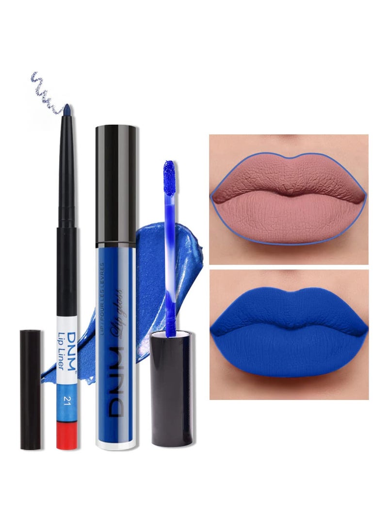 AMY'S DIARY AMY'S DIARY 2pcs Blue Matte Lip Liner and Lipstick Makeup Set, Liquid Lipstick 24H and Lip Liner Set Matt Liquid Lips Make Up Waterproof Long Lasting Lipstick Matte Kit with Lip liner (08) 