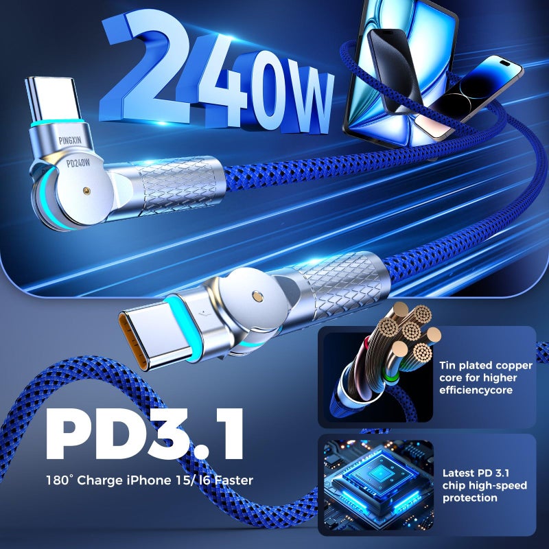 PINGXIN USB C to USB C Cable 10FT 240W, 180Â°Rotating USB C Cable Braided Type C Charger Cable Fast Charge for iPhone 17/16Pro 17/16Plus 17/16ProMax,MacBook Air,iPad Pro,Pixel,Samsung Galaxy S23/S24Ultra-Blue - Image 2
