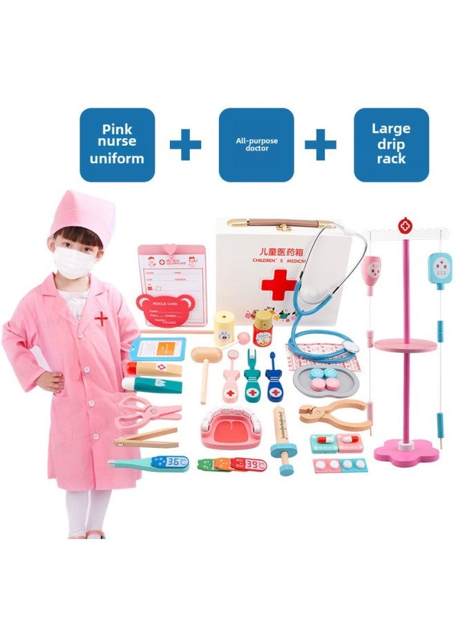 Children's Doctor Toy Suit Nurse Injection Tool Wooden Simulation Medicine Box Boys And Girls Baby Play House-Color:PF-White C + Drip + Pink Clothes-TL - Image 1