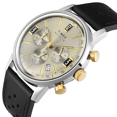 TIMEX Marlin Analog Watch for Man with Beige Round Dial & Black Leather Strap Band Water Resistant Men's Wrist Watches - TWEG26705 - Image 2