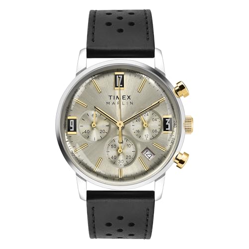 TIMEX Marlin Analog Watch for Man with Beige Round Dial & Black Leather Strap Band Water Resistant Men's Wrist Watches - TWEG26705 - Image 1