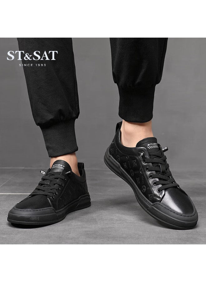 St&sat Men's First Layer Cowhide Casual White Shoes Business Formal Commuter Leather Shoes Black Size 43 - Image 3