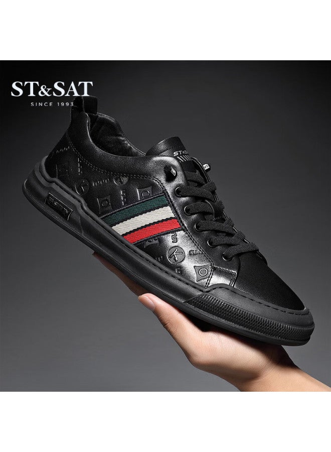 St&sat Men's First Layer Cowhide Casual White Shoes Business Formal Commuter Leather Shoes Black Size 43 - Image 1