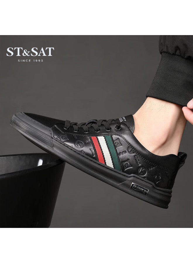St&sat Men's First Layer Cowhide Casual White Shoes Business Formal Commuter Leather Shoes Black Size 43 - Image 2