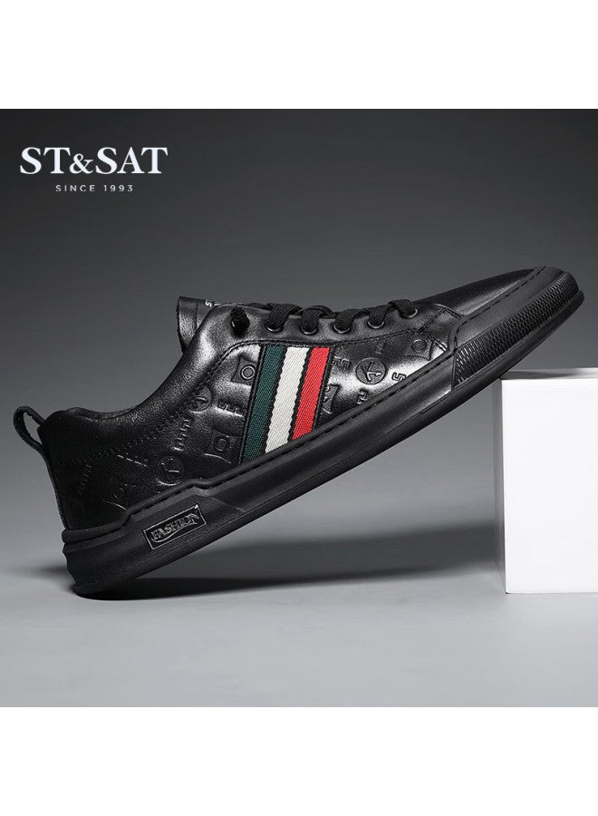 St&sat Men's First Layer Cowhide Casual White Shoes Business Formal Commuter Leather Shoes Black Size 43 - Image 5