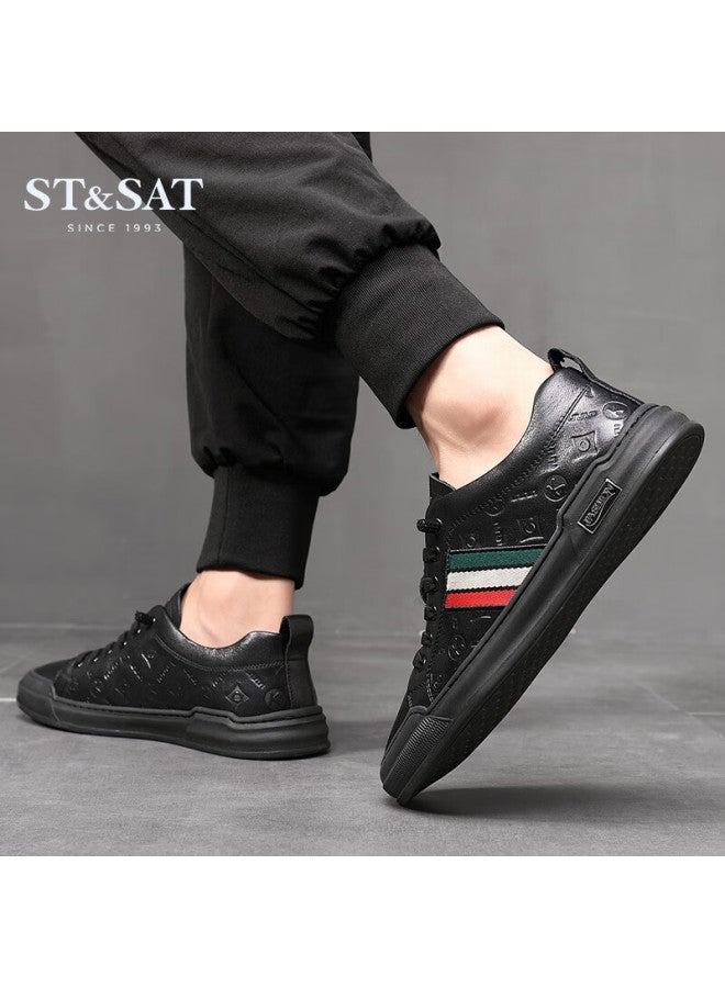 St&sat Men's First Layer Cowhide Casual White Shoes Business Formal Commuter Leather Shoes Black Size 43 - Image 4