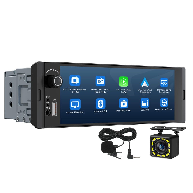Eonon 6.36" Single DIN Car Stereo â€“ Wireless CarPlay & Android Auto, IPS Touchscreen (1280x480), ST TDA7851 Amp, Backup Camera, Steering Control,Bluetooth 5.3-X3U - Image 1