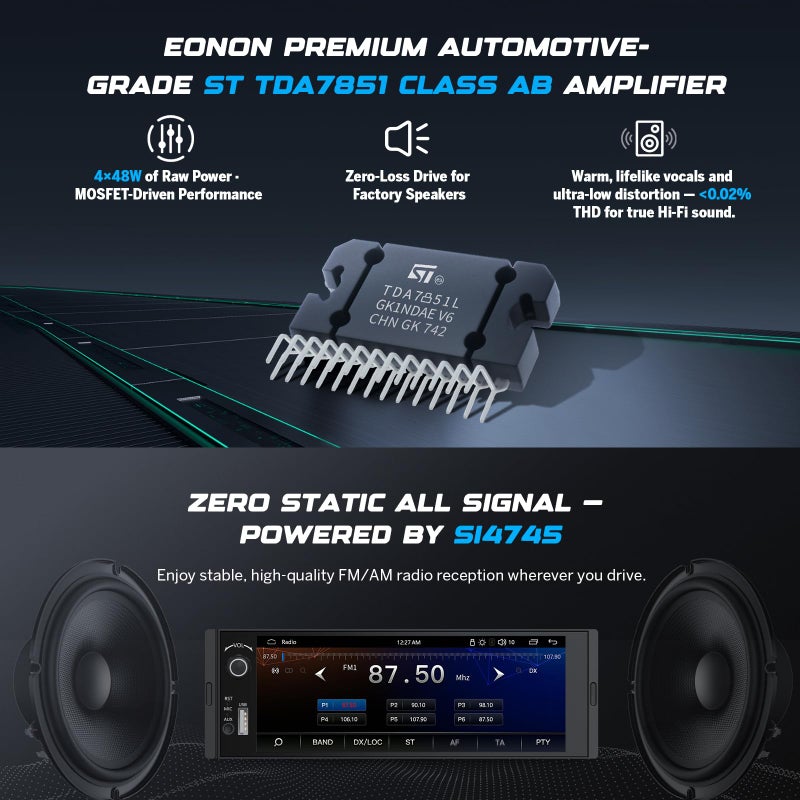 Eonon 6.36" Single DIN Car Stereo â€“ Wireless CarPlay & Android Auto, IPS Touchscreen (1280x480), ST TDA7851 Amp, Backup Camera, Steering Control,Bluetooth 5.3-X3U - Image 2